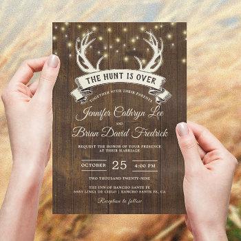 "hunt is over" rustic antler strings light wedding invitation