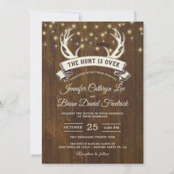 "hunt is over" rustic antler strings light wedding invitation