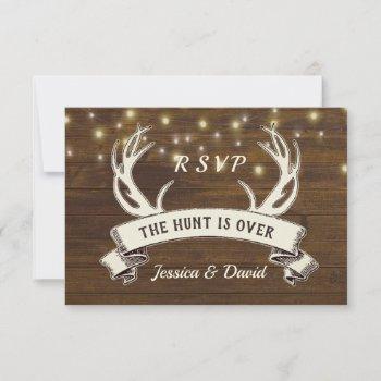 Small Hunt Is Over Rustic String Lights Wedding Rsvp Front View
