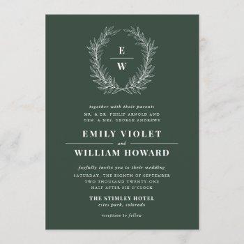 hunter green wreath monogram wedding invitation