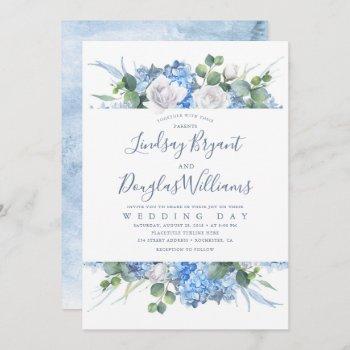 hydrangea and greenery dusty blue floral wedding invitation