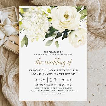 hydrangea elegant white gold rose floral wedding invitation