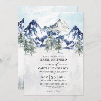 idyllic watercolor mountain winter forest wedding invitation