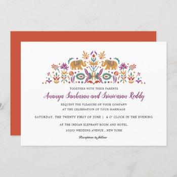 indian flower elephant orange modern wedding invitation