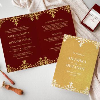 indian style red gold damask wedding invitation