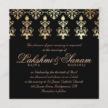 Small Indian Wedding Invite Damask Gold Winter Black Front View