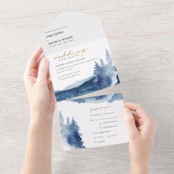 indigo ink blue mountains pine watercolor wedding all in one invitation