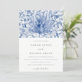 ink blue classy ornate watercolor peacock wedding invitation
