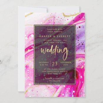 inky splash pink marble with gold foil wedding invitation