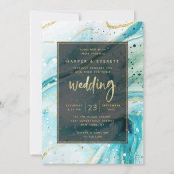 Small Inky Splash Teal Marble With Gold Foil Wedding Front View