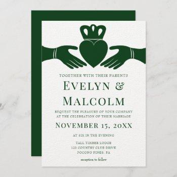 irish claddagh ring simple graphic green wedding invitation