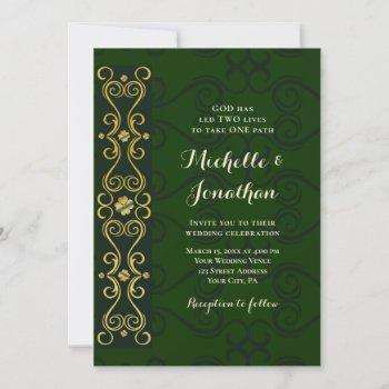 irish elegant gold on dark green christian wedding invitation