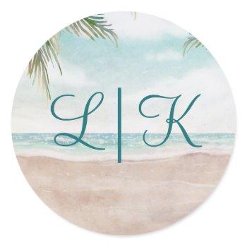 island breeze painted beach scene monogram wedding classic round sticker