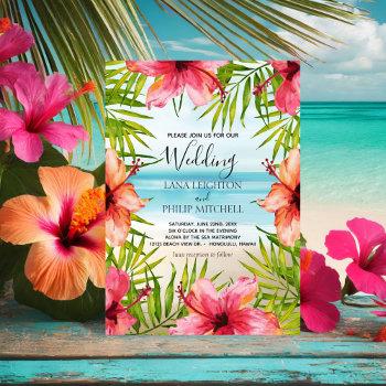island paradise tropical palm & hibiscus wedding invitation
