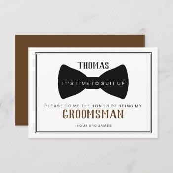 it's time to suit up groomsman - black tie brown invitation