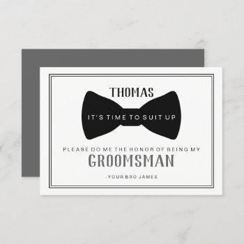 it's time to suit up groomsman - black tie grey invitation