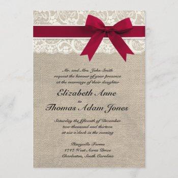 ivory lace red ribbon burlap wedding invitation