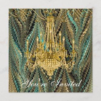jade green gold chandelier party invitations