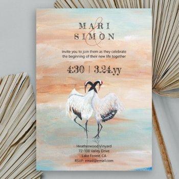 japanese cranes, beige, turquoise wedding invitation