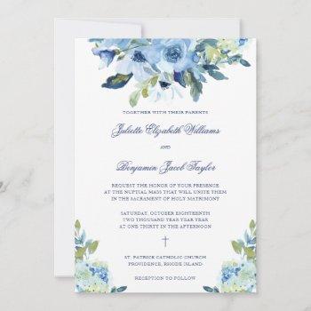juliette dusty blue floral catholic wedding invitation