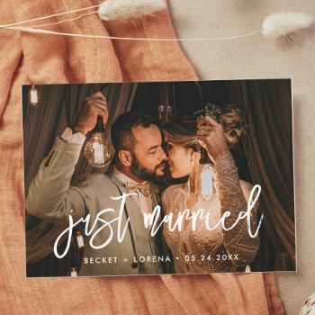 Small Just Married Contemporary Modern Wedding Photo Announcement Front View