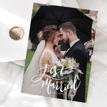 Small Just Married Elegant Script Wedding Photo Announcement Front View