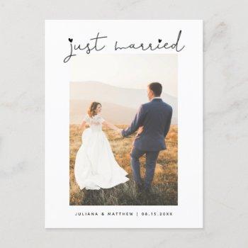 Small Just Married Heart Modern Script Wedding Announcement Post Front View