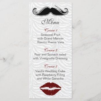 kiss and mustache zebra stripes  wedding menu