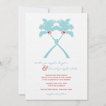 knotted palm trees hearts tropical beach wedding invitation