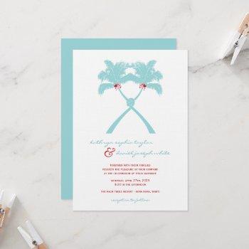 knotted palm trees hearts tropical beach wedding invitation