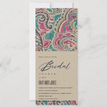 kraft boho ikat pattern pink teal bridal shower  invitation