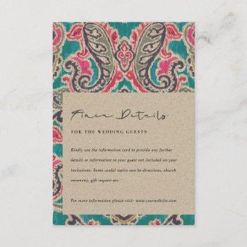 kraft boho tribal ikat pink teal wedding details e enclosure card