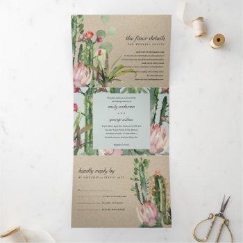 kraft grey floral cacti foliage watercolor wedding tri-fold invitation