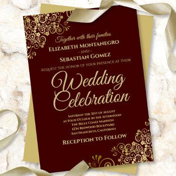 lacy gold auburn brown simple elegant wedding invitation
