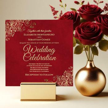 lacy gold frills on crimson red elegant wedding invitation