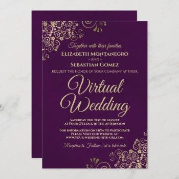 lacy gold frills on purple elegant virtual wedding invitation