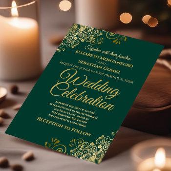lacy gold on emerald green simple elegant wedding invitation