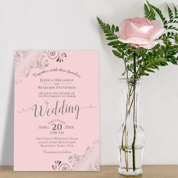 lacy silver frills elegant pink & gray wedding invitation