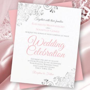 lacy silver pink & white budget wedding invitation