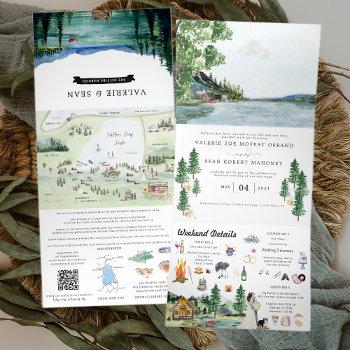 lakeside campground resort | illustrated wedding tri-fold invitation