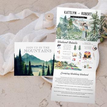 lakeside mountain camping | illustrated wedding tri-fold invitation