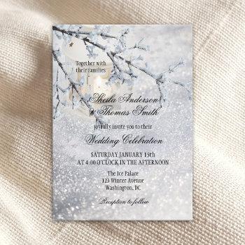 lantern sparkling snow winter wedding invitation