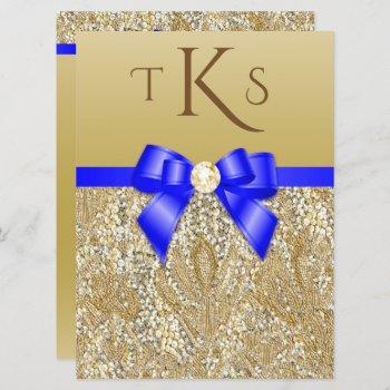large faux gold sequins royal blue bow wedding invitation