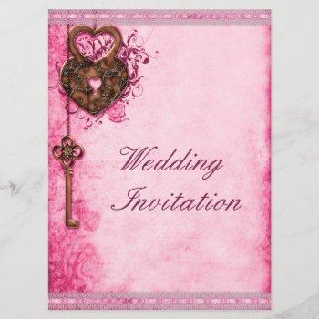 large romantic hearts lock and key pink wedding invitation
