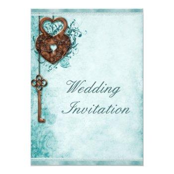 Small Large Romantic Hearts Lock And Key Teal Wedding Front View