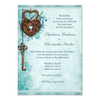 Small Large Romantic Hearts Lock And Key Teal Wedding Back View