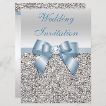 large wedding faux silver sequins dusty blue bow  invitation