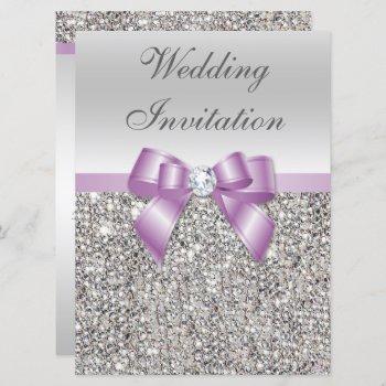 large wedding faux silver sequins lilac bow invitation