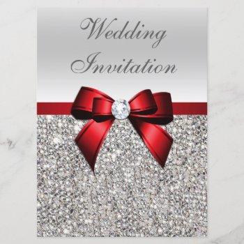 large wedding faux silver sequins red bow invitation