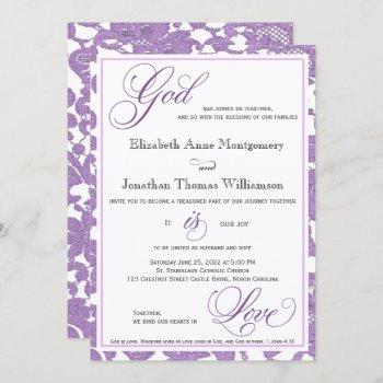 lavender lace god is love christian wedding invitation